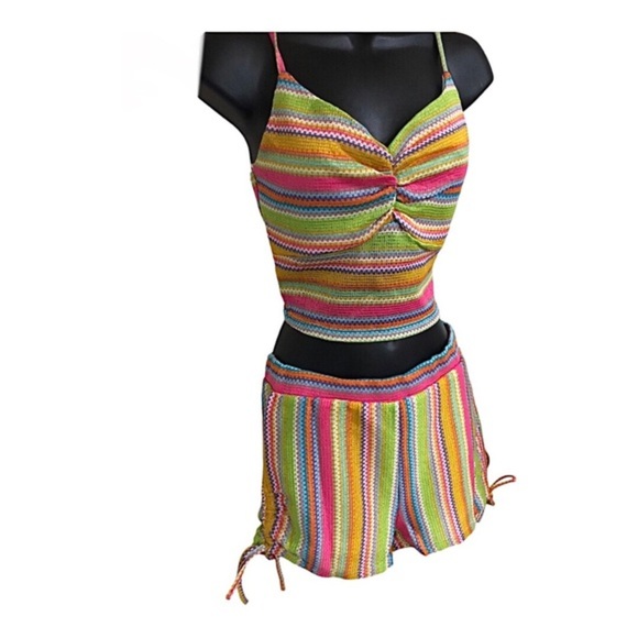2pc rainbow multicolored crochet mesh look tank top & side tie shorts set size S - Picture 12 of 13